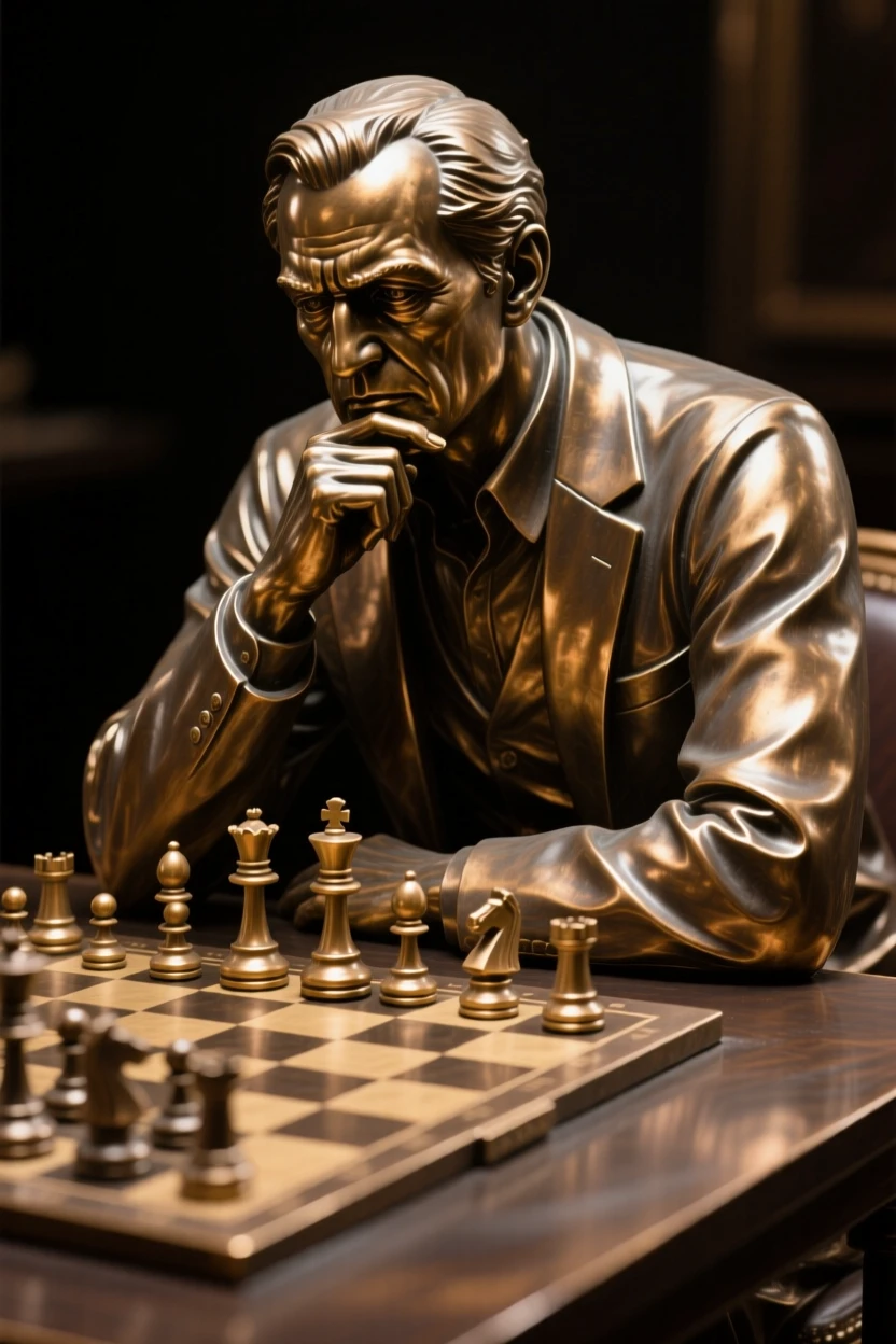 A chess grandmaster deep in thought, with powerful, expressive body language, forming a strong central focal point