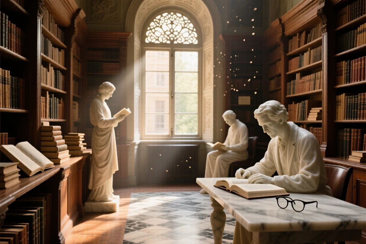 An evocative depiction of an old bookstore filled with warm afternoon light, surrounded by soft, glowing light, balancing detail with emotional depth