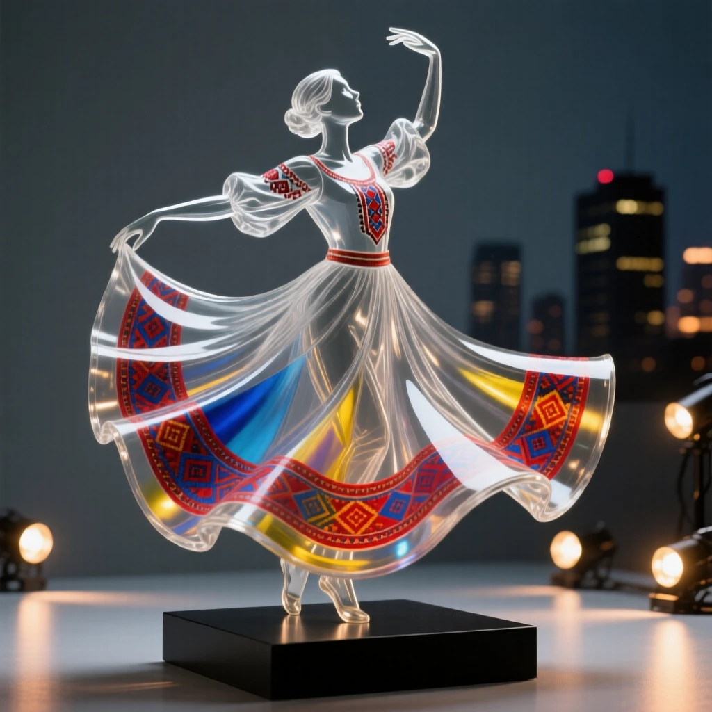 Overlooking a city skyline glowing with evening lights, a folk dancer twirling in a wide, colorful skirt, while the crowd begins to sway together in rhythm