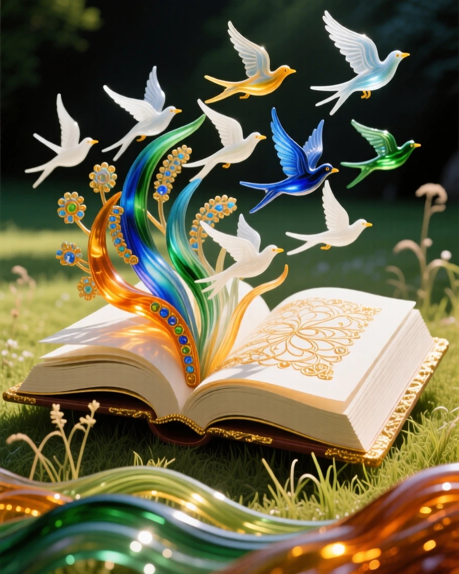 A giant book open in a meadow, its pages turning into flocks of birds, imaginative and free.