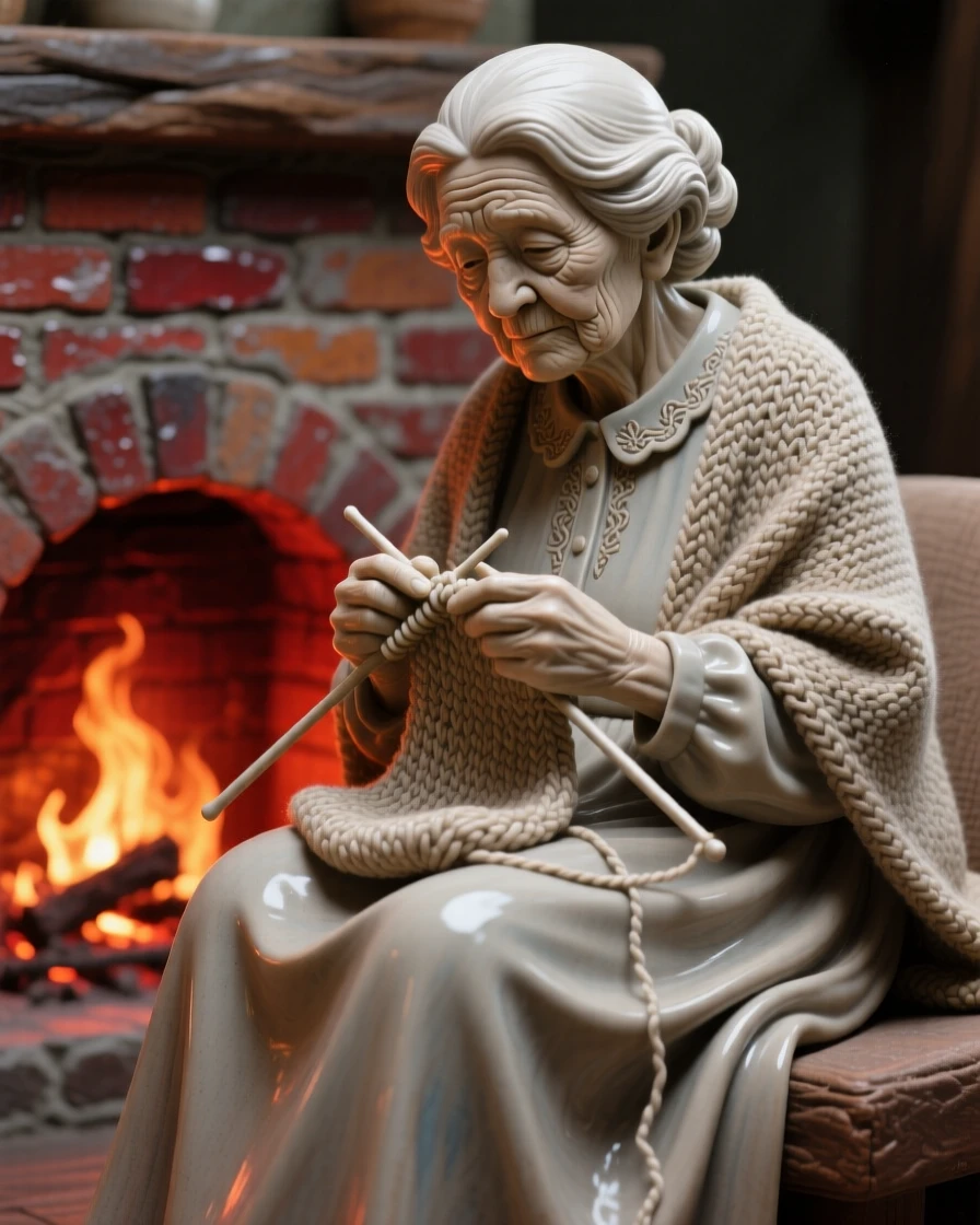 A grandmother knitting by a warm hearth gazing softly into the distance, draped in flowing garments that ripple with movement, capturing a universal moment of human connection.