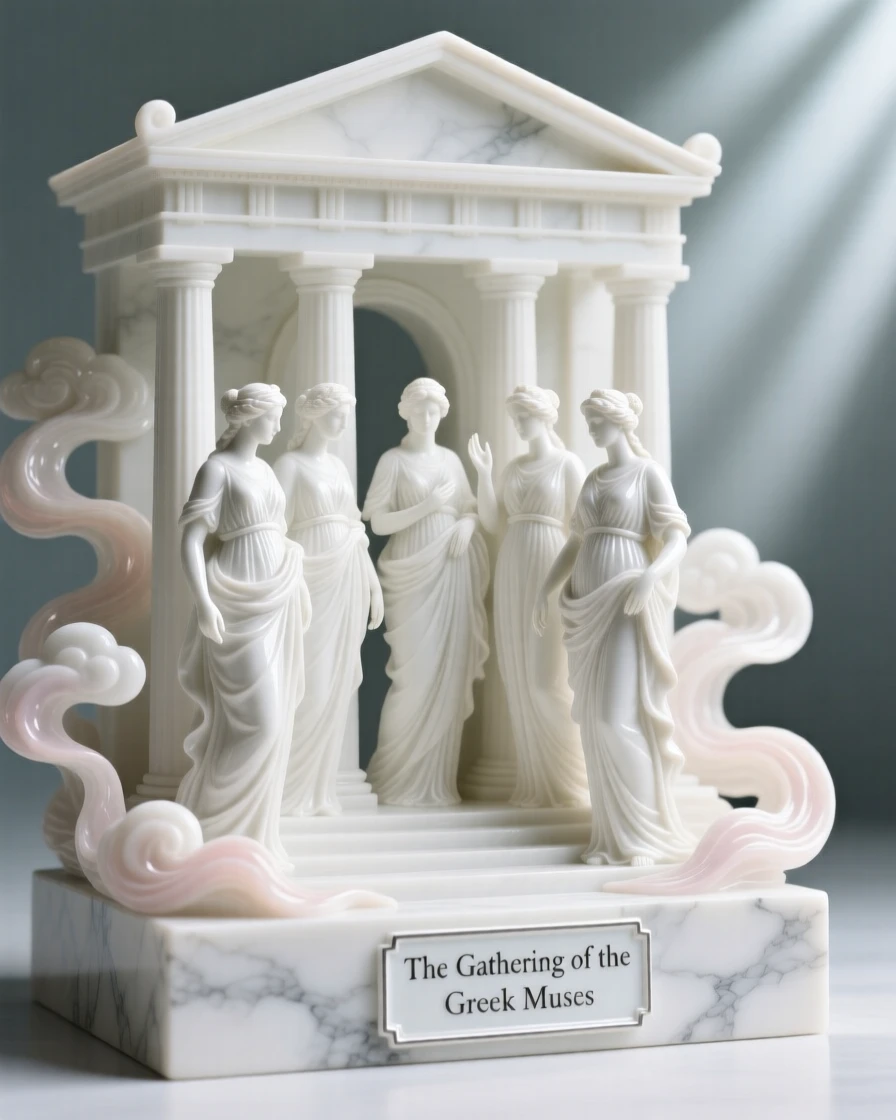 A mythological moment: the Greek muses gathering in a marble temple, framed by swirling clouds and light.