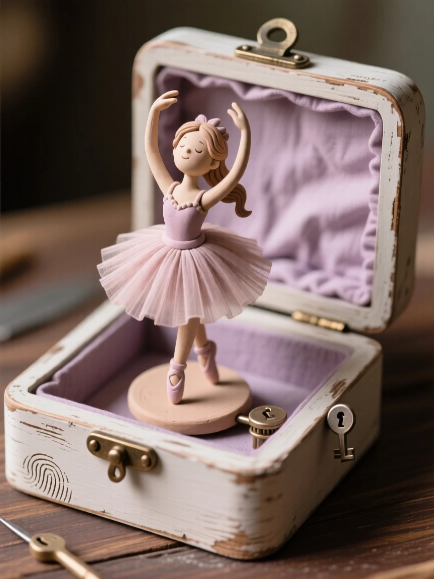 An antique jewelry box open to reveal a spinning ballerina