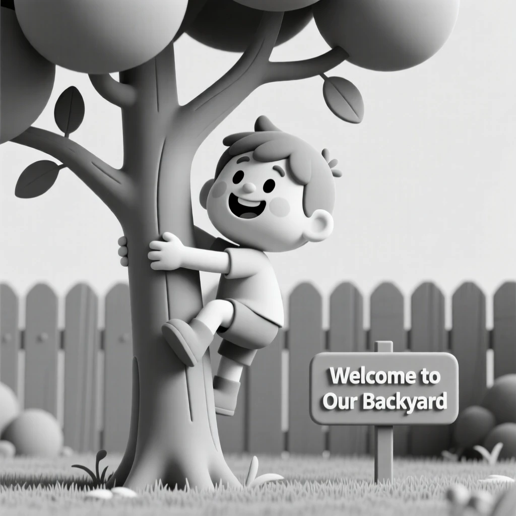 A determined child climbs the highest branch of a backyard tree, triumphant grin overlooking the whole yard.