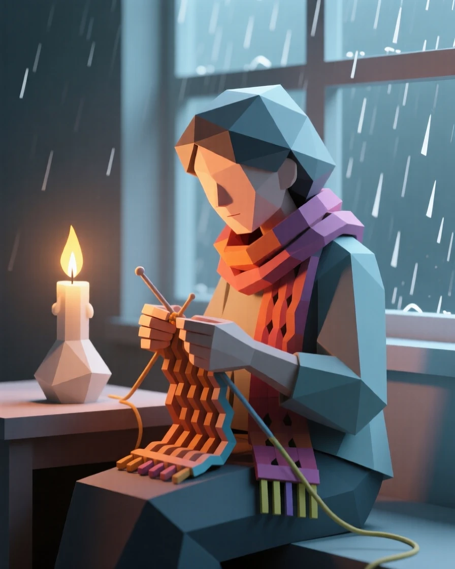A knitter working on a colorful scarf by candlelight, on a quiet rainy afternoon. natural light enhances the vibrant colors of the scene. The atmosphere feels peaceful and mindful.