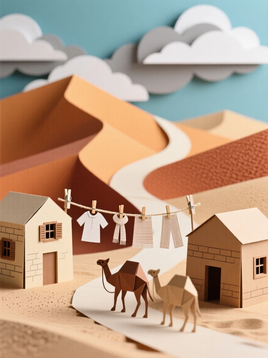 A desert caravan route among towering dunes framed by dramatic clouds overhead, with laundry lines strung between windows, evoking quiet, timeless beauty.