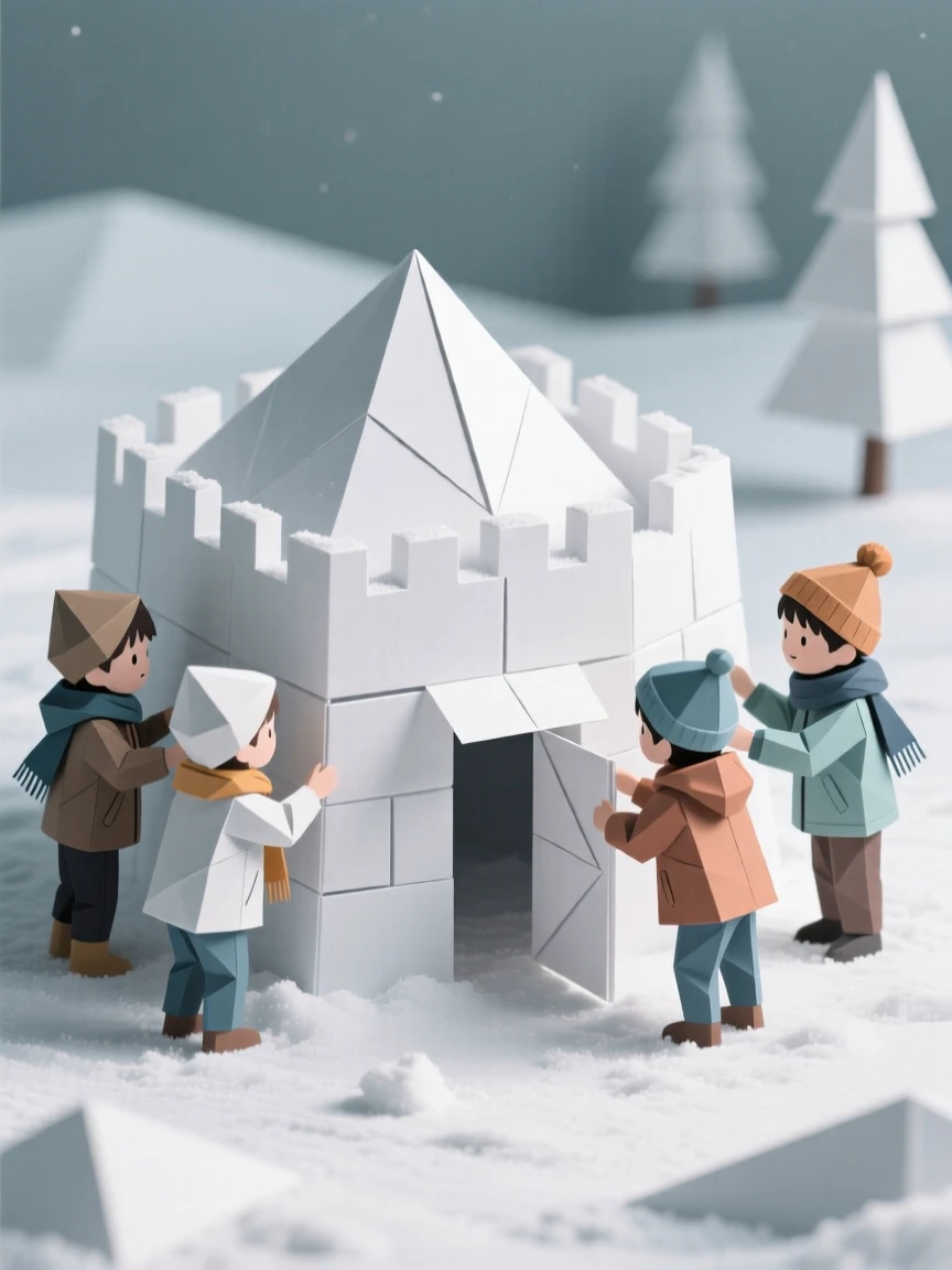 A group of children building a snow fort during a winter break afternoon.