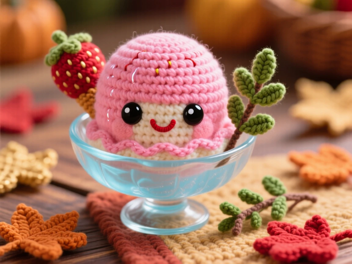 a round scoop of strawberry sorbet character, with a bright pink glossy shine, is shown resting in a chilled glass dish on a warm autumn harvest table beside a sprig of fresh herbs as garnish, capturing bright, appetizing cheerfulness.