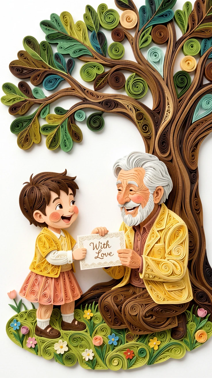 A heartwarming moment of a child giving a handmade card to a delighted grandparent beneath the shade of a large oak tree, with a comforting, homely atmosphere throughout, captured mid-laugh in a candid, joyful moment.