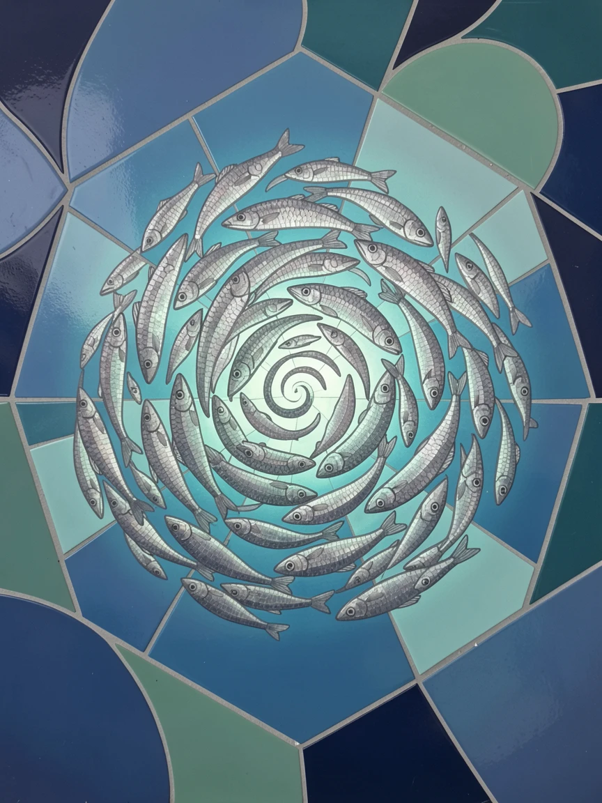 A dreamlike underwater view of a school of shimmering silver fish swirling in a tight bait ball, glowing with soft blue-green light.