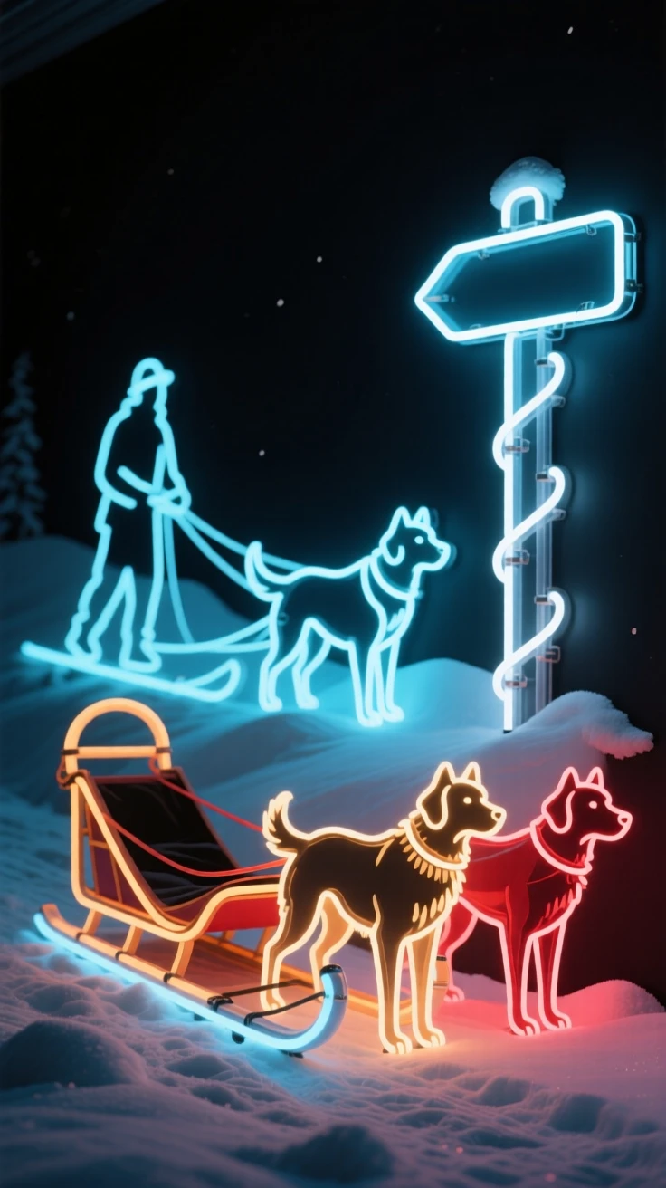 A dog sled team resting beside a snowy trail marker.