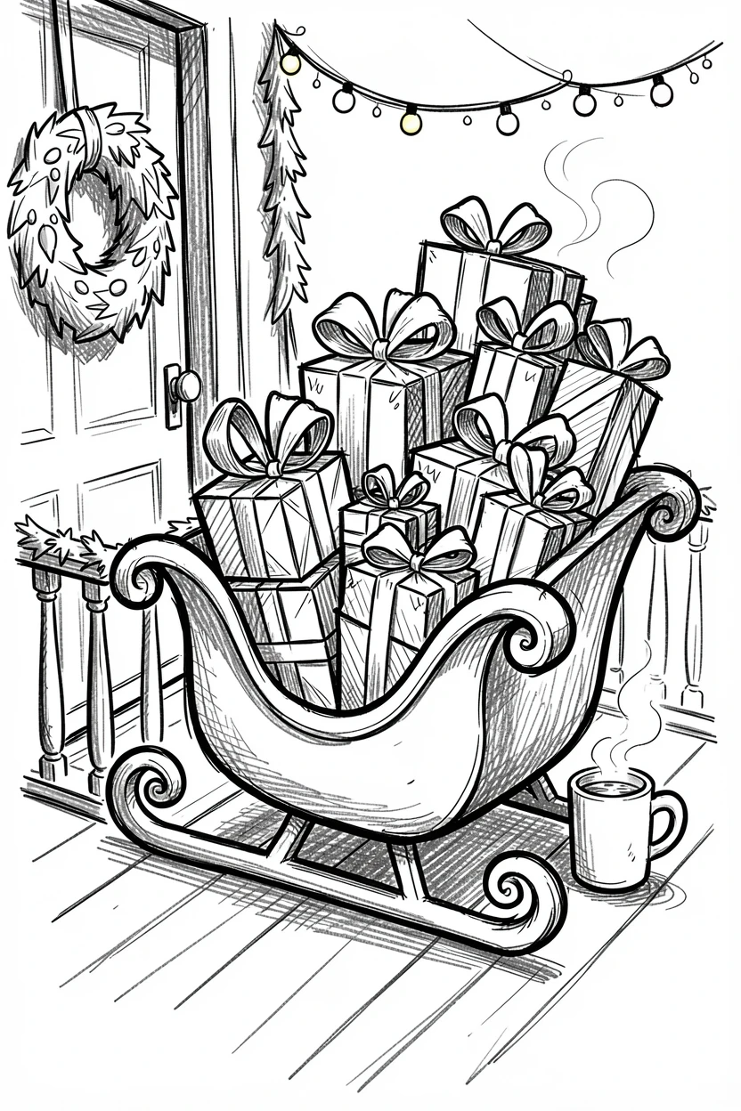 A sleigh loaded with wrapped presents on a porch decorated for the season.