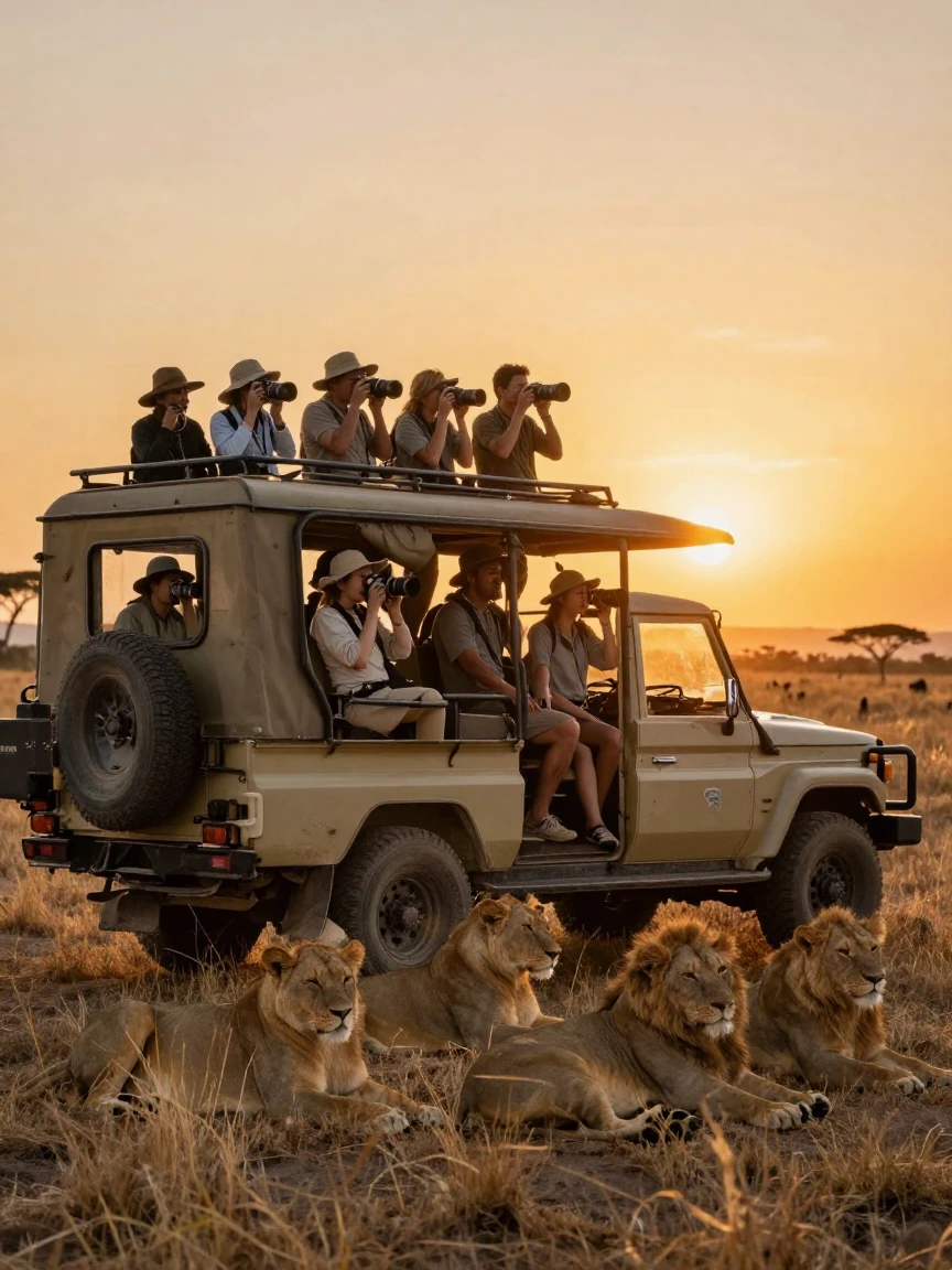 A safari jeep watching a lion pride at sunset