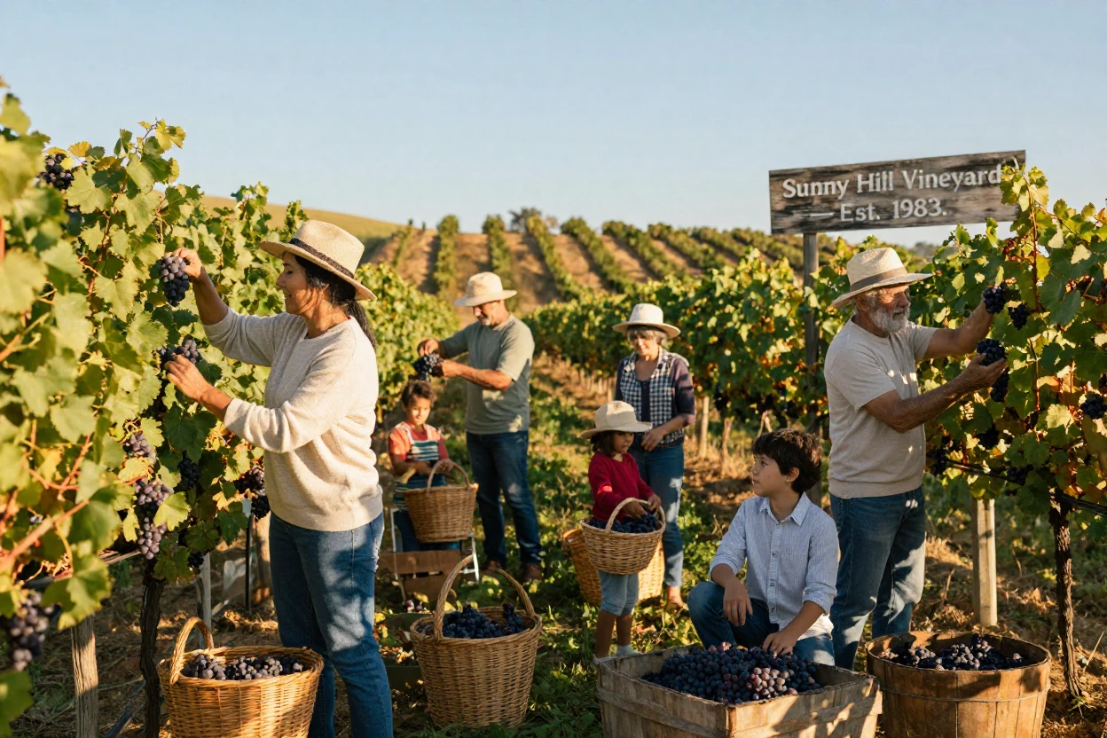 A family harvests grapes together, filling baskets in a hillside vineyard.