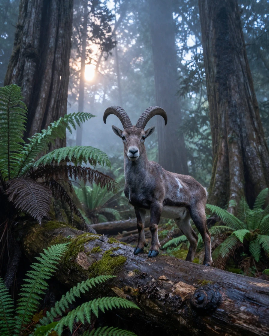 A mountain goat exploring a fallen log with curiosity deep within a misty rainforest as the day slowly fades