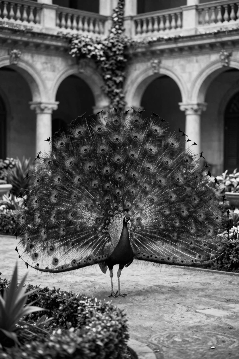 A flamboyant peacock displays its full feathered tail within a palace courtyard garden.
