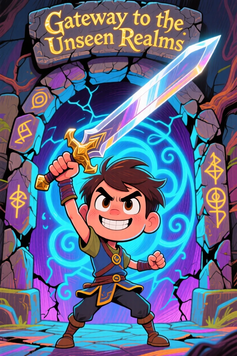 A young hero standing before an ancient magical portal, sword raised in determination.