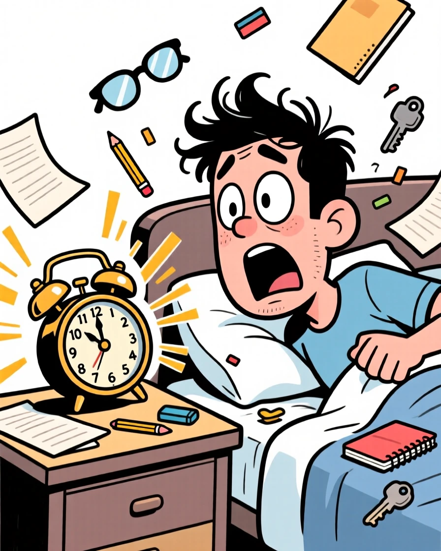 A funny expressive moment showing a man getting startled awake by an alarm clock, as papers and belongings scatter everywhere.