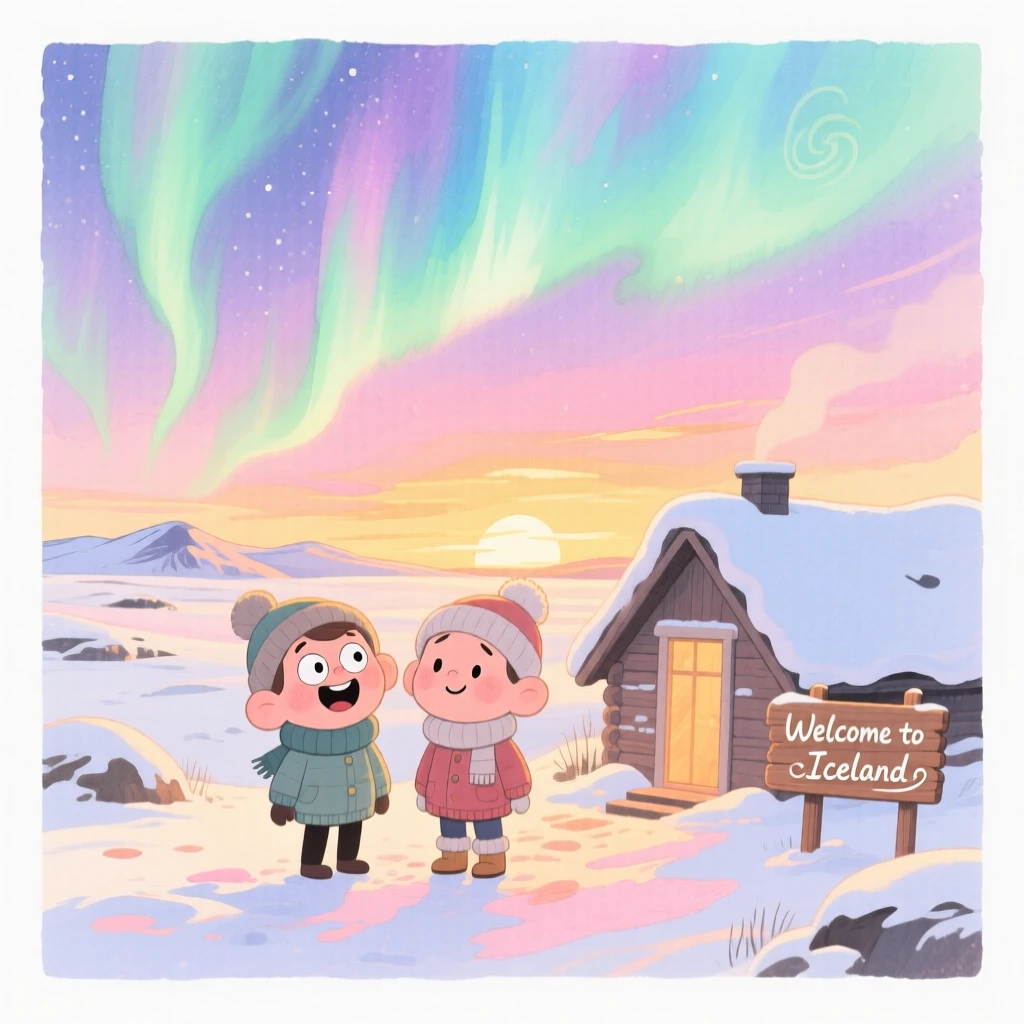 A dreamy travel postcard scene of the Northern Lights over a snowy Icelandic landscape at golden sunset