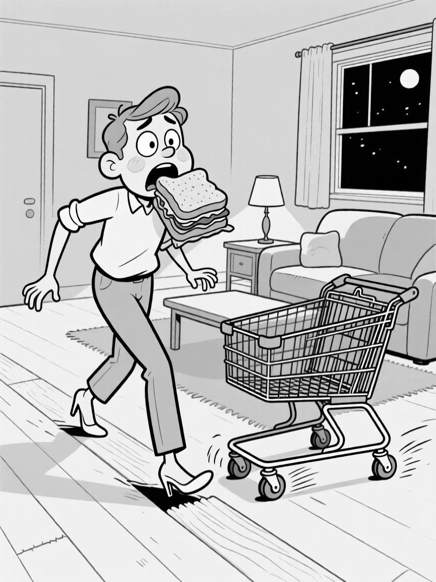 A person tiptoeing past a squeaky floorboard at midnight, shoving the whole snack into one's mouth at once, set in a quiet suburban living room. A shopping cart wheel spins uselessly in place. It's the kind of relatable blunder everyone secretly recognizes.