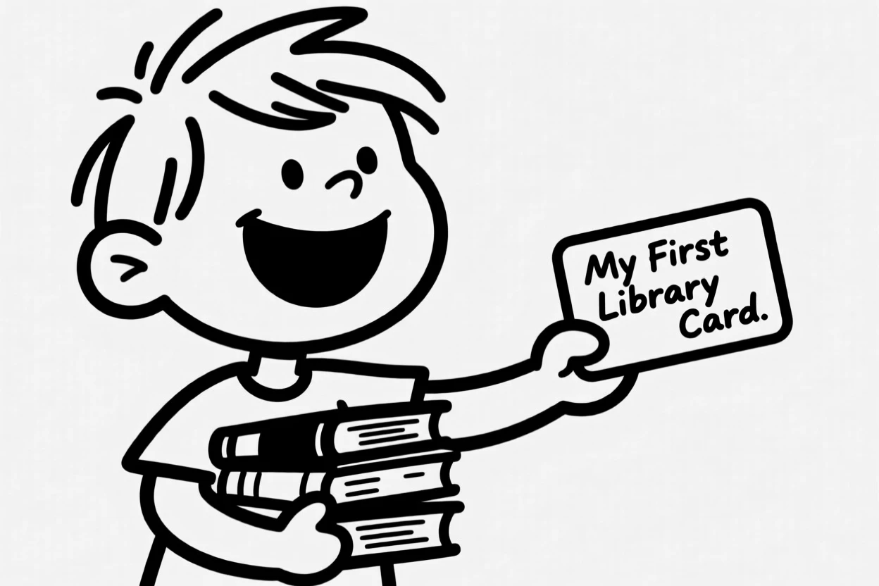 A child receiving their first library card, beaming while holding a stack of books.