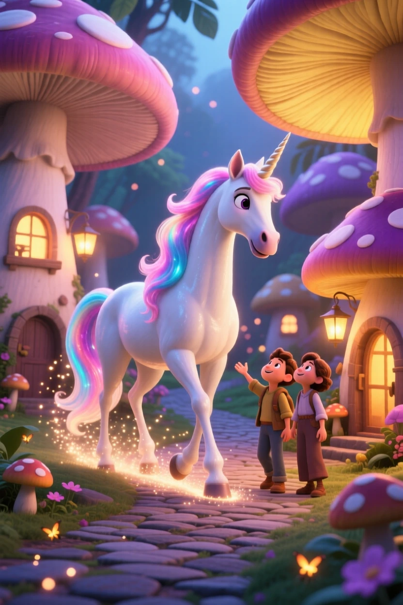 A unicorn with a flowing mane stands in a village built inside giant mushrooms, guiding lost travelers with a soft glow. A magical, wondrous stillness fills the scene, with a trail of glimmering dust following each step.