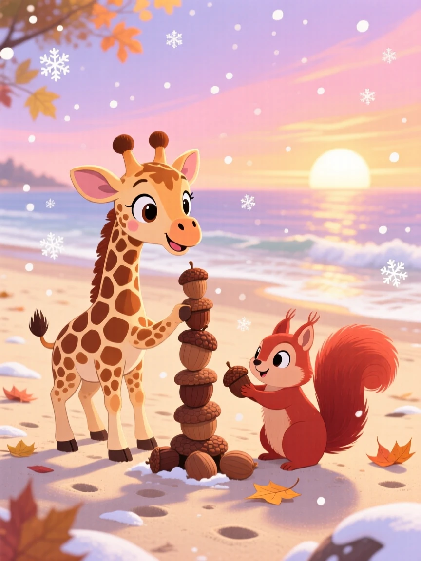 Near a sandy beach at sunrise, a spotted baby giraffe is stacking acorns into a tower alongside a small woodland friend, with the first snowflakes falling softly.