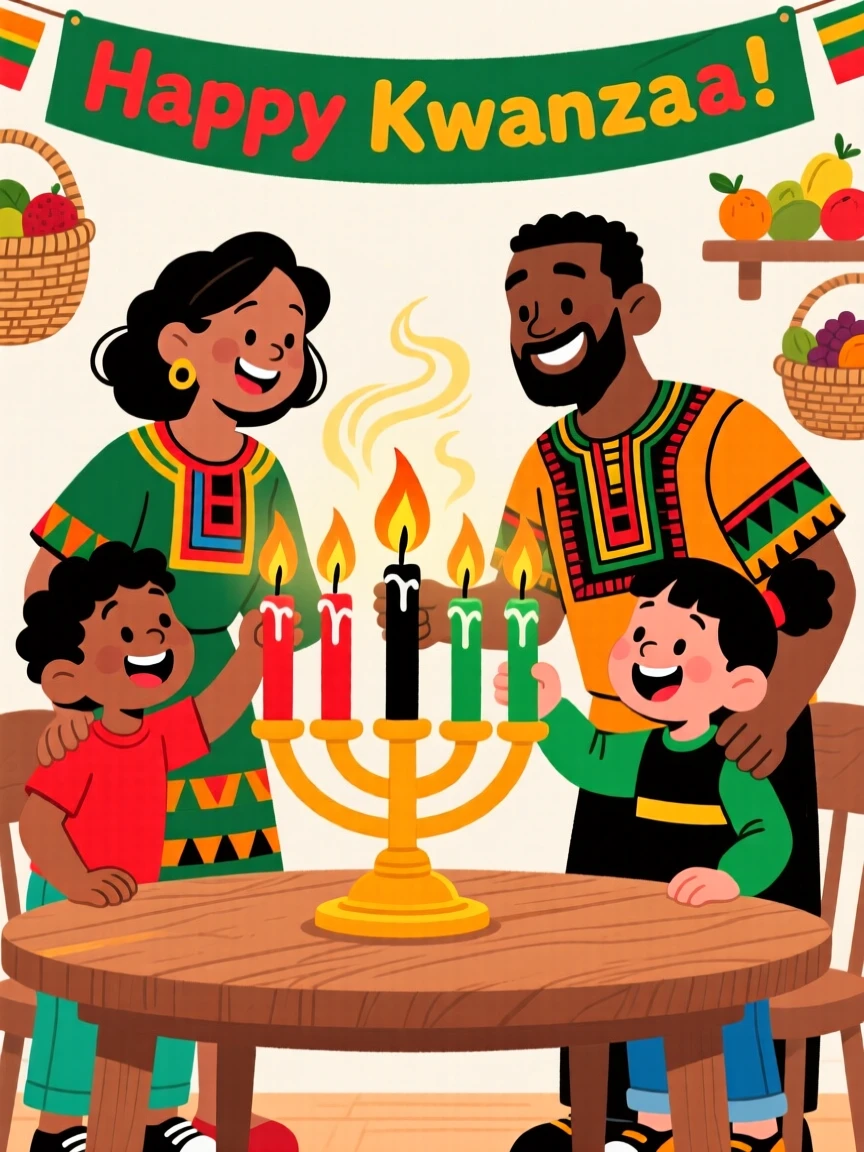 A family lighting the seven candles of a Kwanzaa kinara.