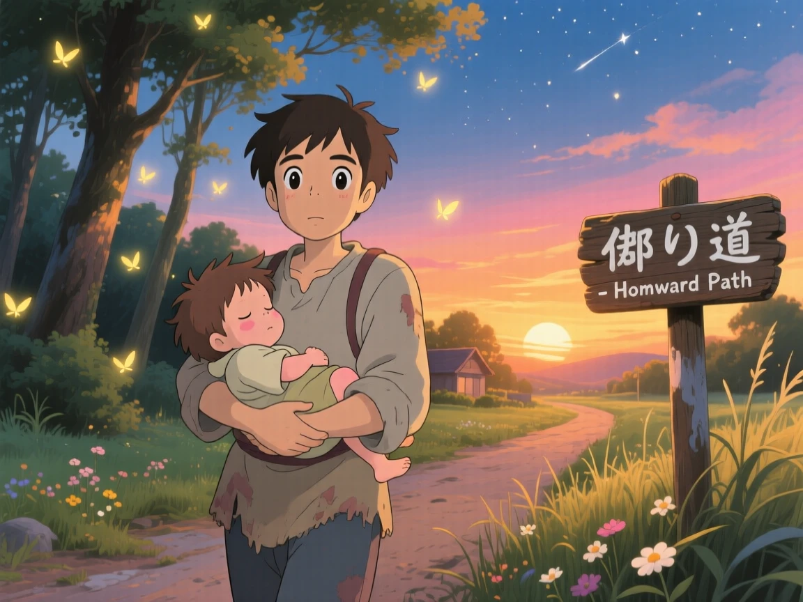 A father carrying his sleepy child home at dusk, the scene tender and warm.
