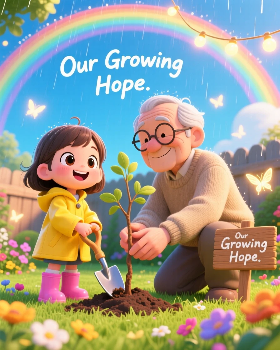 Worm's-eye view of a child and grandparent, planting a tree together, in a sunny backyard garden, under a rainbow after the rain, illuminated by warm fairy-light glow, radiating triumphant pride.