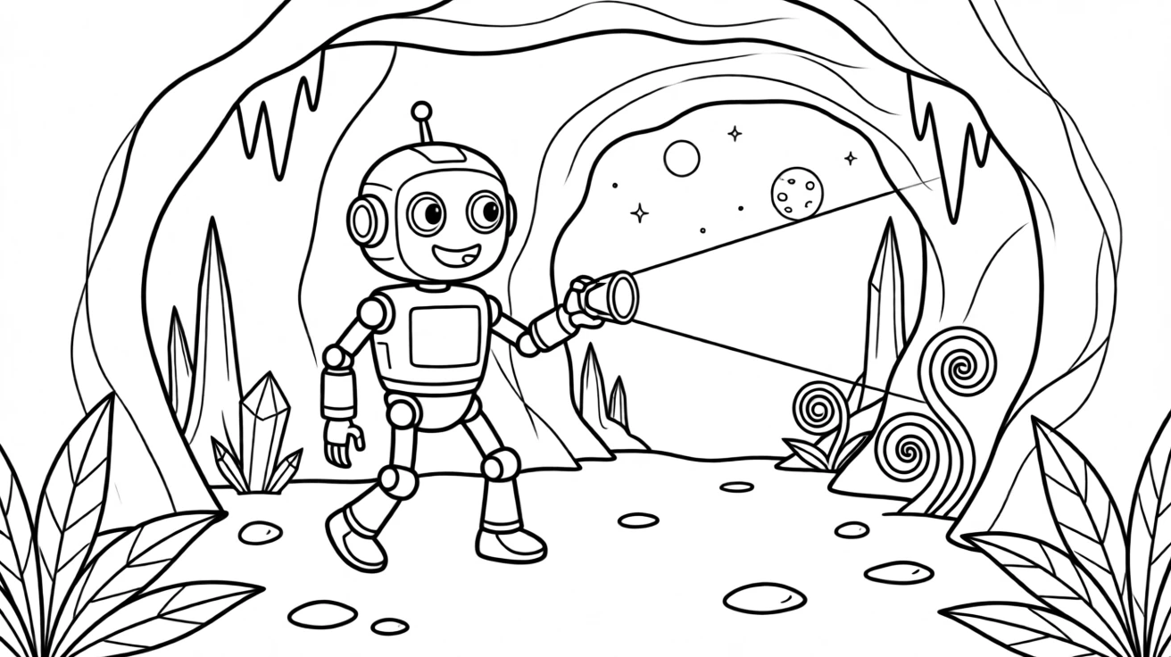 A friendly robot exploring a cave on an alien planet