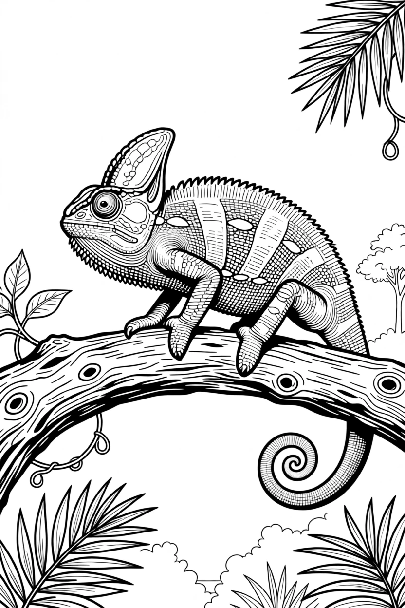 A horned chameleon sitting on a weathered tree branch, with scales that catch glints of light.