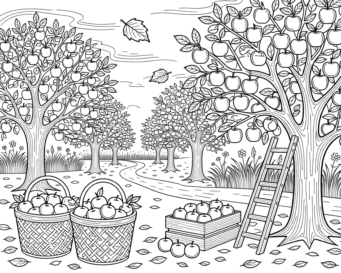 A cozy autumn apple orchard scene with baskets of freshly picked fruit.