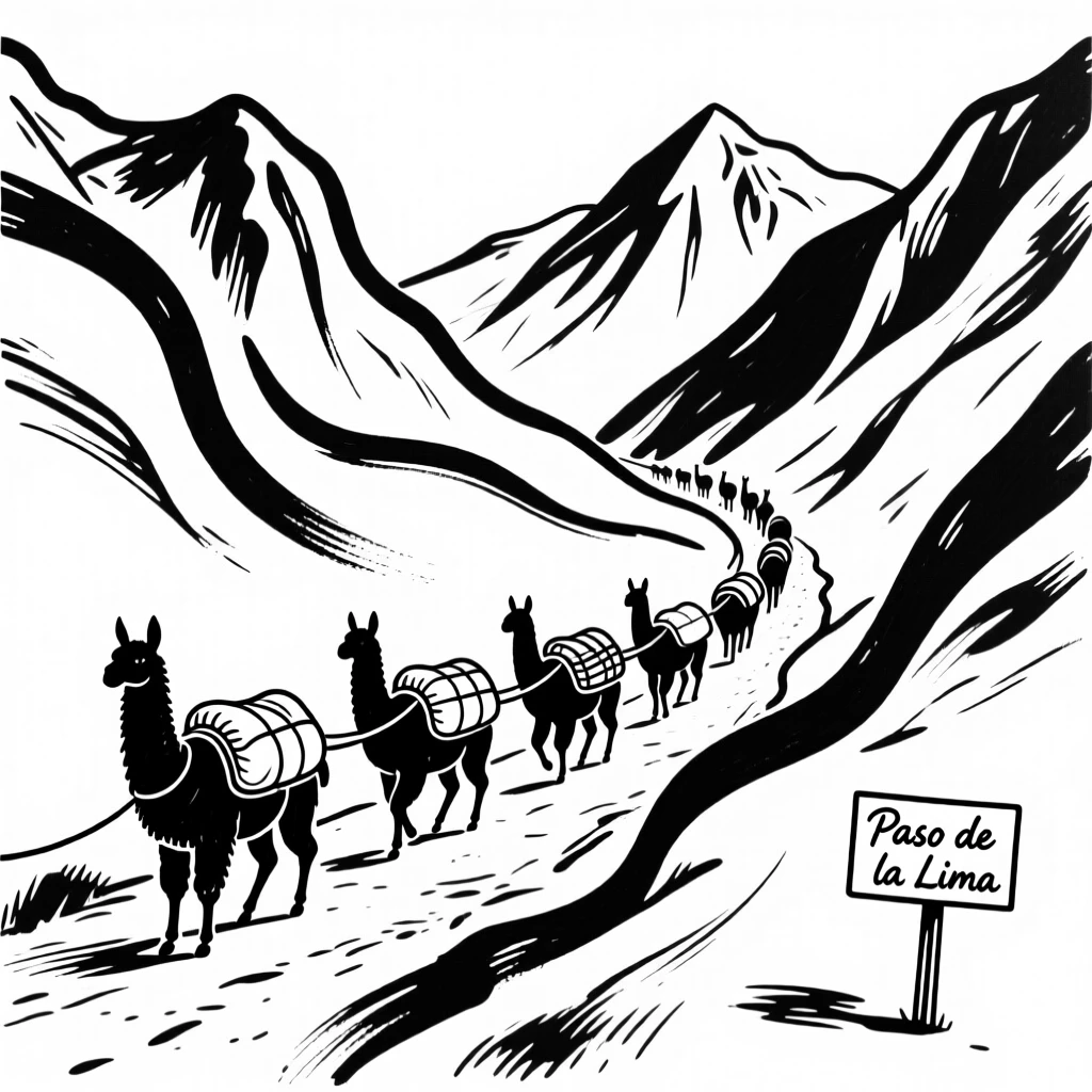 A traditional Peruvian llama caravan crossing a mountain pass in the Andes.