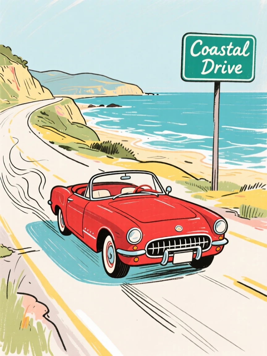 A vintage red convertible driving along a scenic coastal highway.