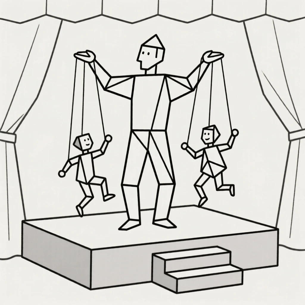 A puppeteer performing with marionettes on a small stage
