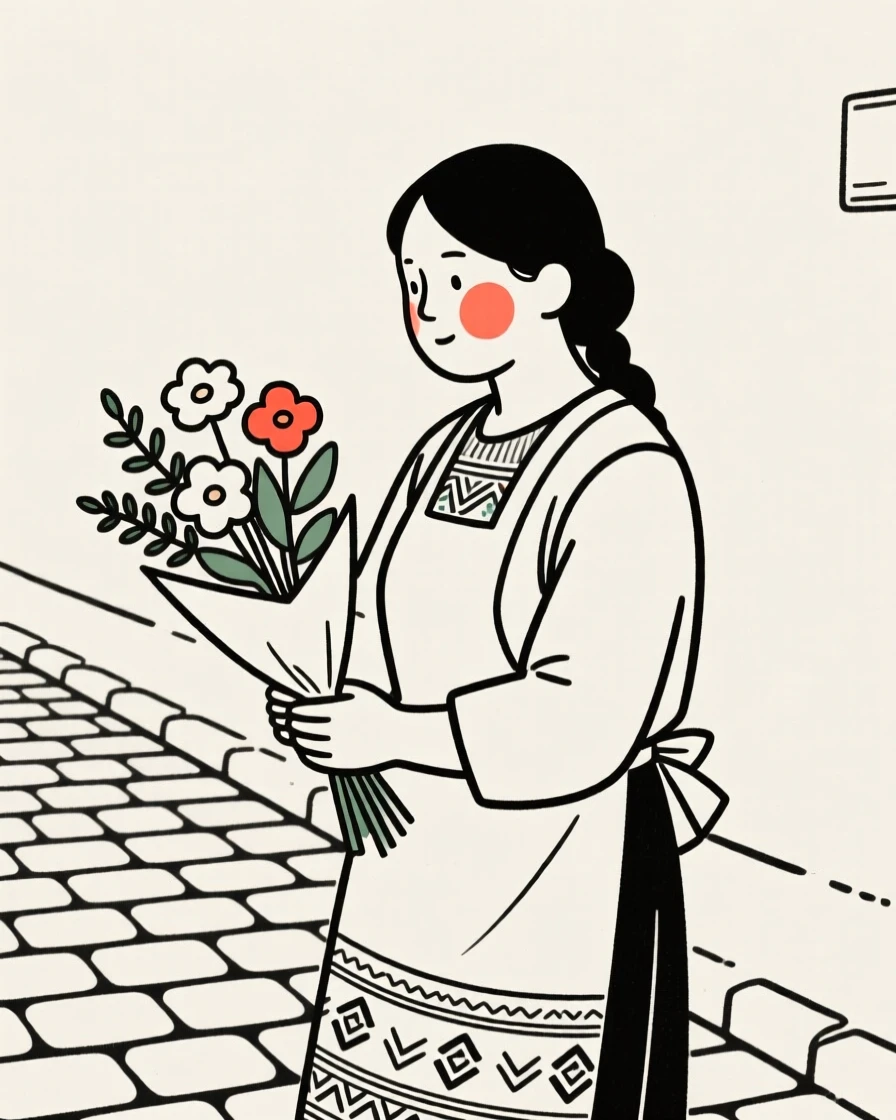 A florist of peruvian heritage arranging a bouquet, resting in calm stillness, on a quiet cobblestone street.