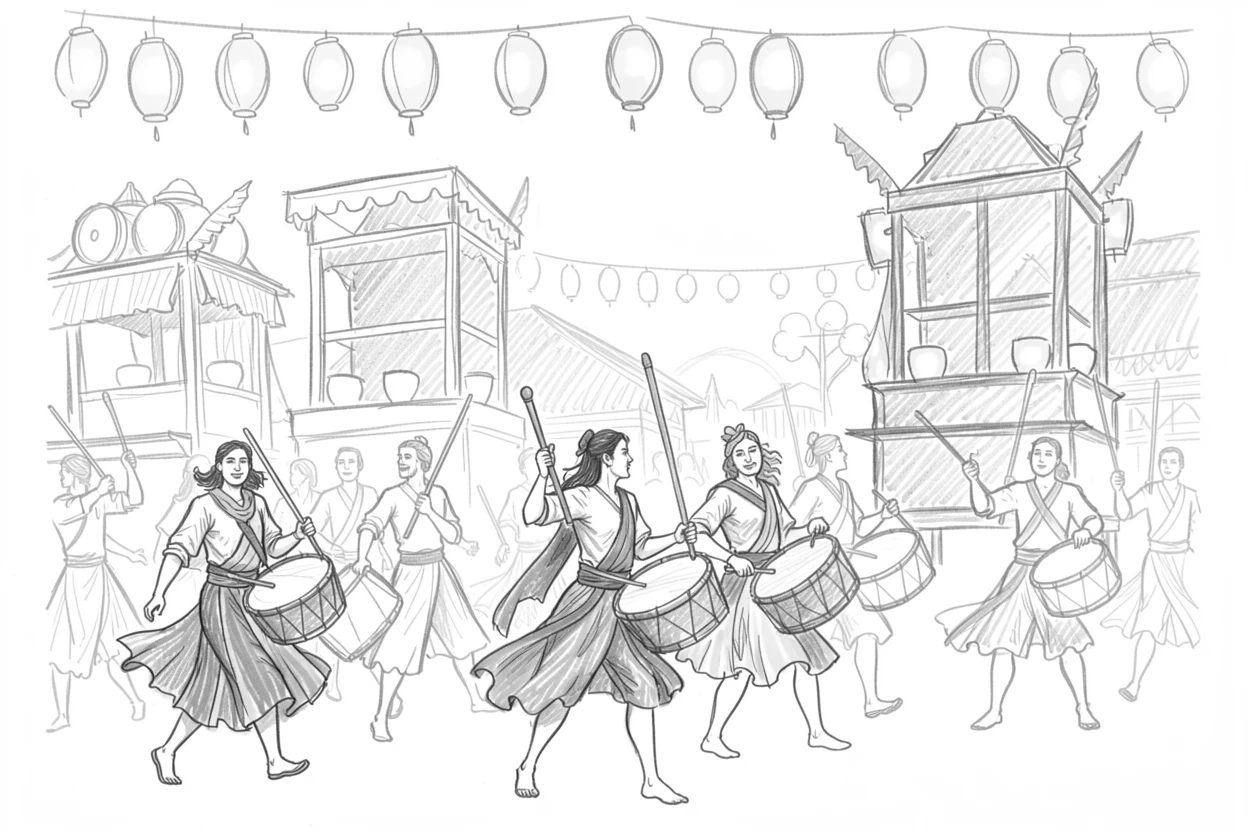 A vibrant cultural scene of performers marching with vivid floats and drums beneath strings of glowing lanterns, with vibrant fabrics fluttering in the breeze.