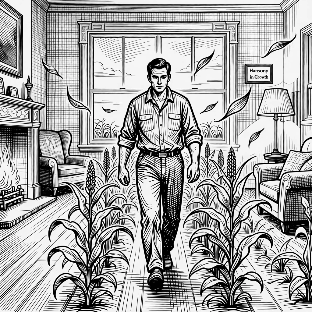 A farmer walking through rows of crops at dawn within a warmly lit living room, with leaves drifting past them in the wind, creating a peacefully content lifestyle scene.