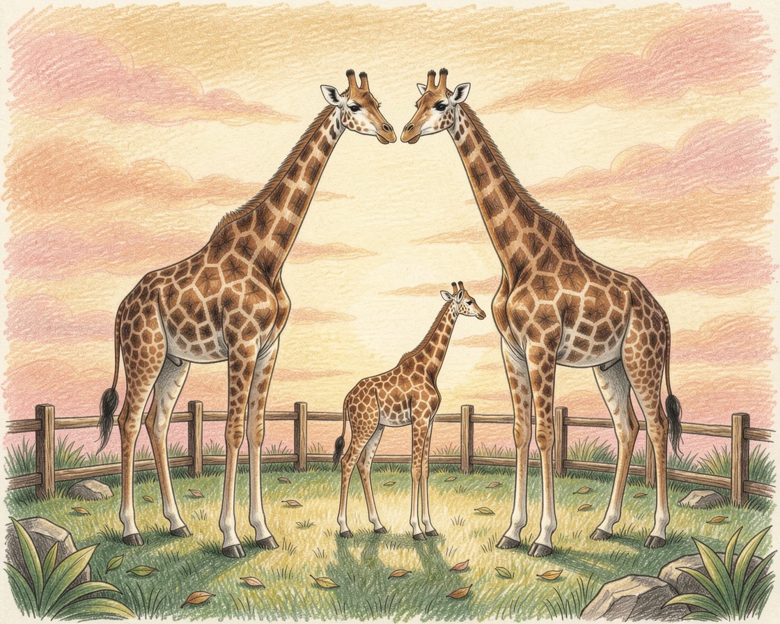 A zoo enclosure with a family of giraffes beneath a warm sky, with rich, inviting textures throughout the scene, evoking warmth, beauty, and a lasting sense of wonder.