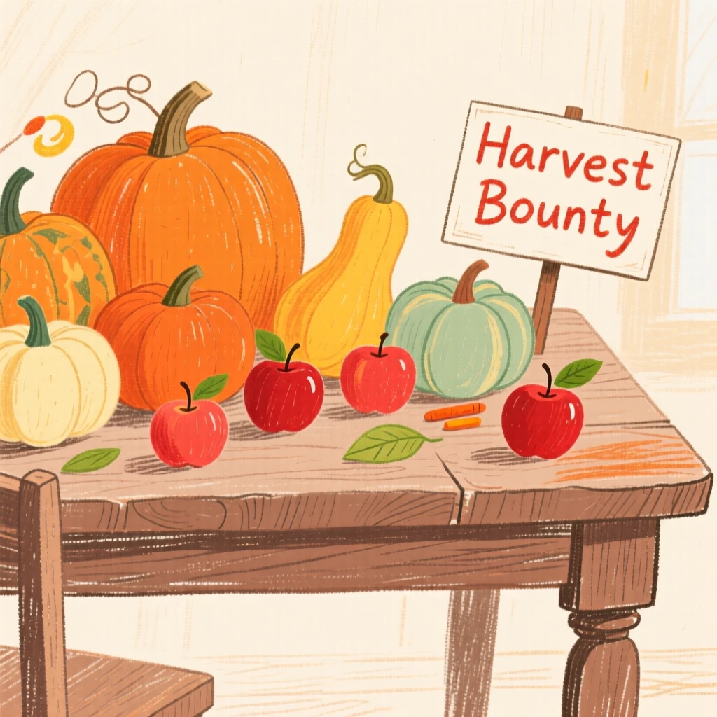A harvest table filled with pumpkins, apples, and autumn squash.