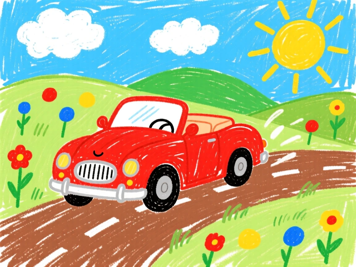 A vintage red convertible driving through a sunny countryside.