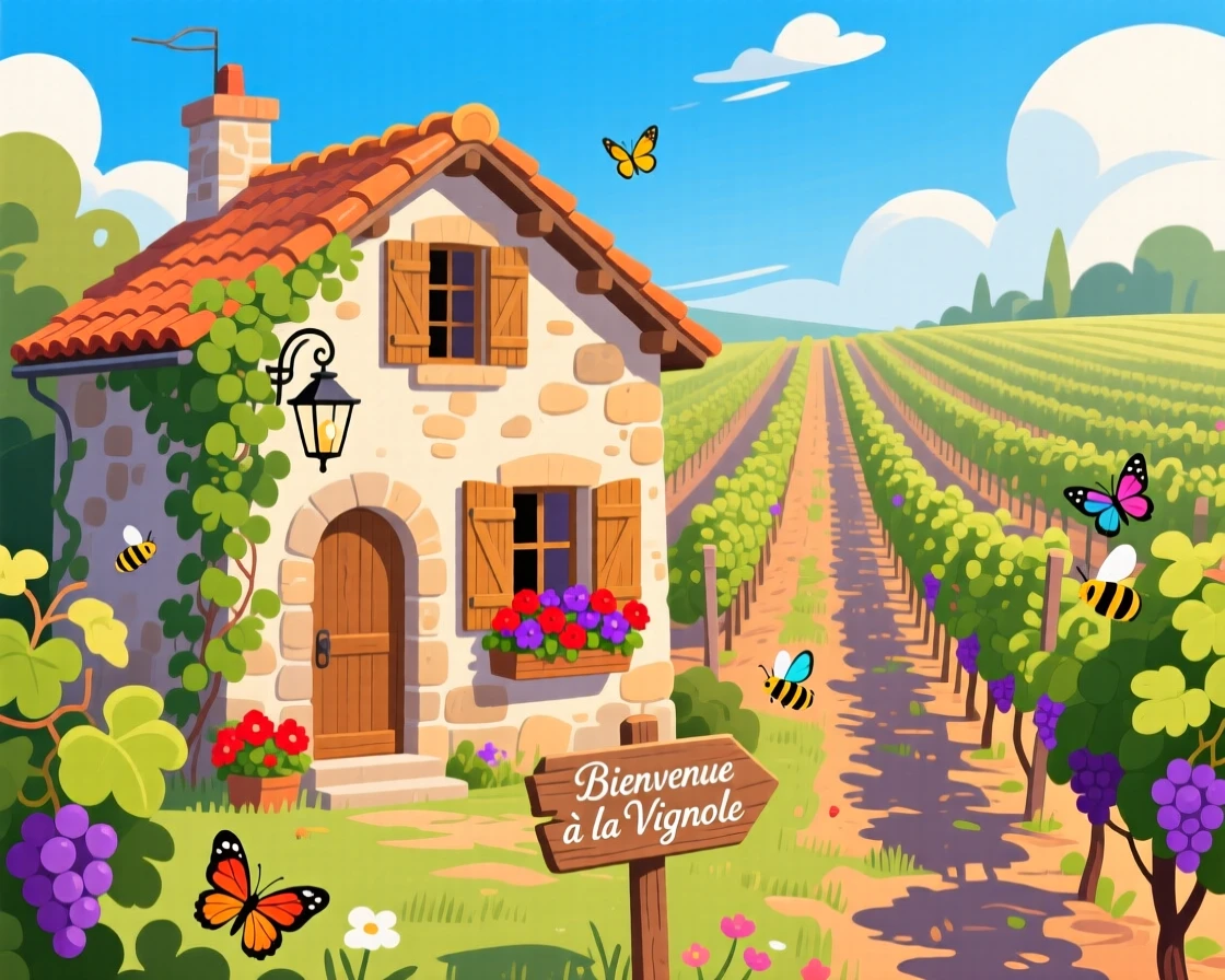 A charming vineyard cottage surrounded by rows of grapevines, surrounded by a lively, colorful atmosphere, composed with a postcard-worthy balanced perspective, with a joyful, adventurous atmosphere.