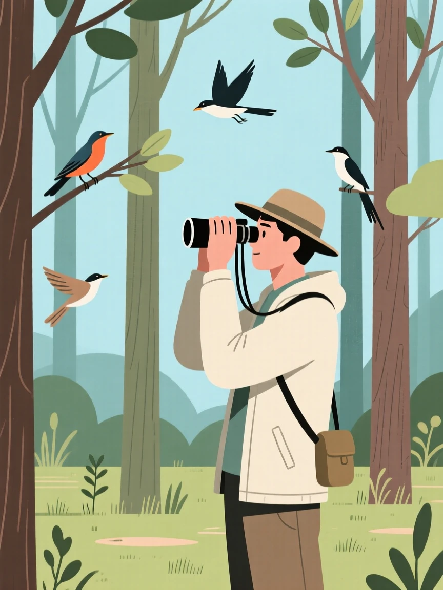 A birdwatcher observing rare birds through binoculars in a forest reserve.