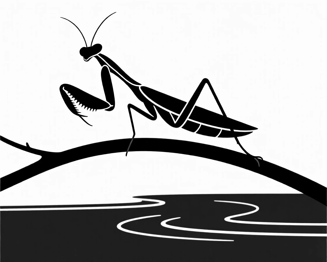 A praying mantis on a branch near a pond's edge.