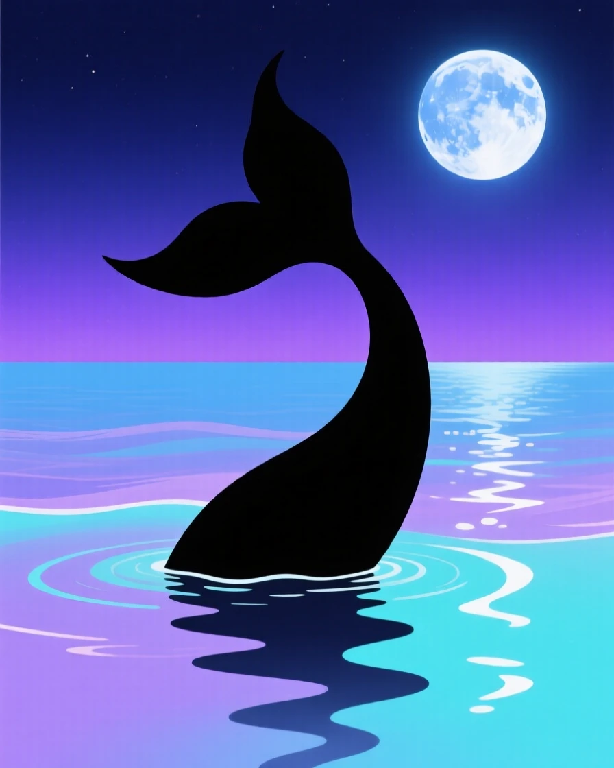 A mermaid's tail disappearing beneath the surface of a moonlit sea.