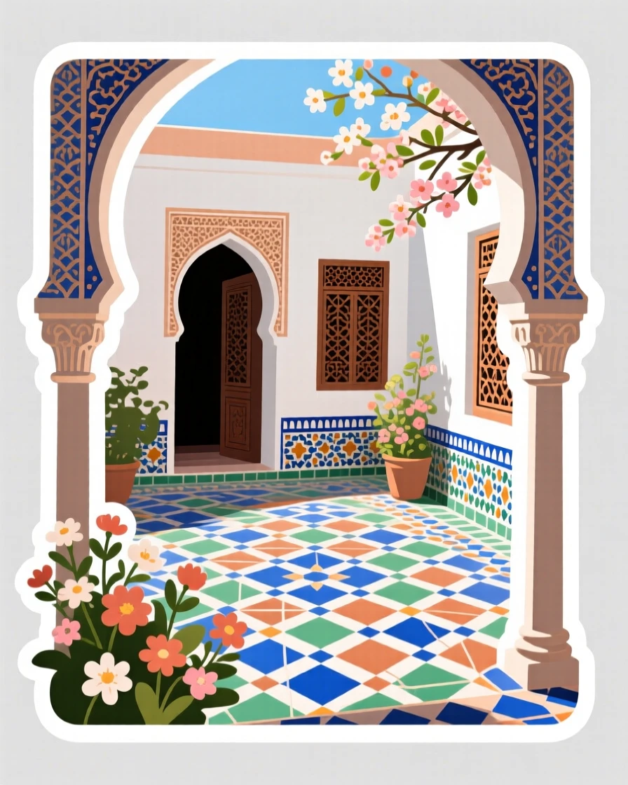 A picturesque Moroccan mosaic tile pattern courtyard, framed by traditional architecture, during the region's most beautiful season.
