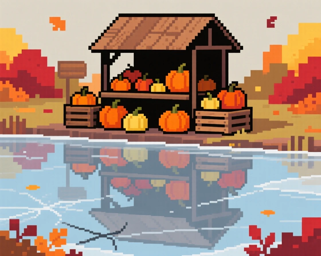 A market stall selling autumn pumpkins reflected in a calm autumn pond, on a frozen pond used for ice skating.