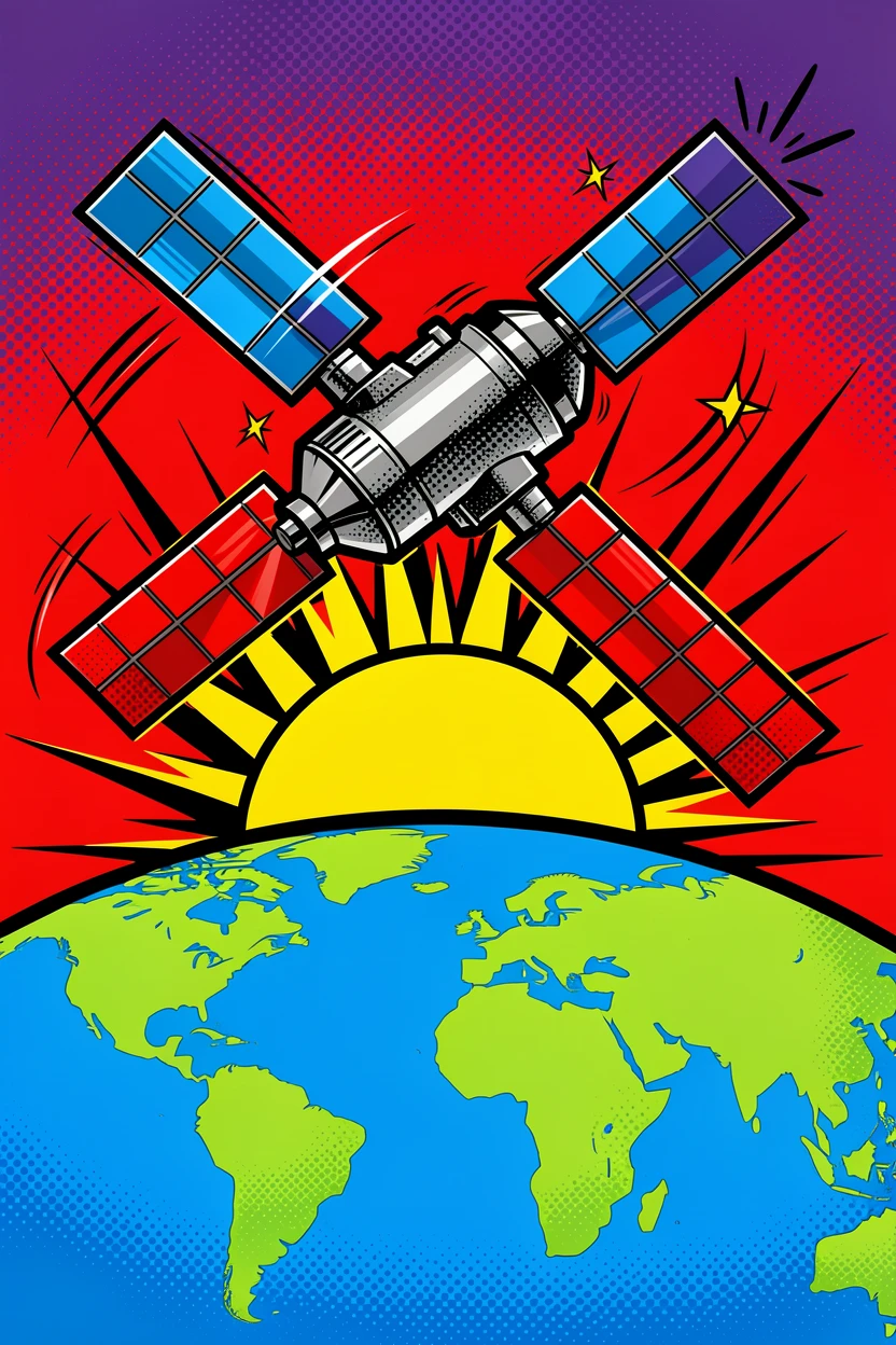 A satellite orbiting Earth as the sun rises over the horizon