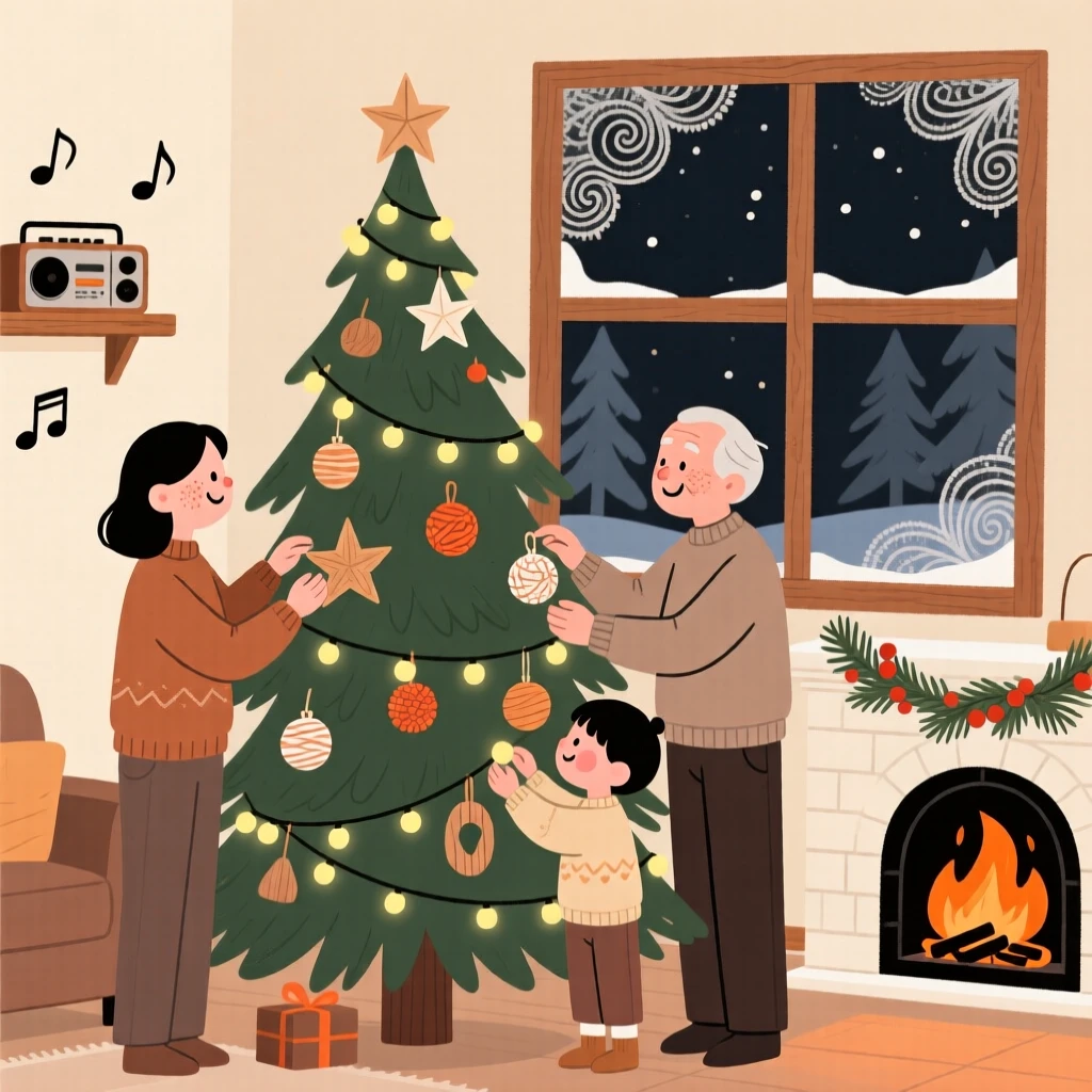 A family decorates a tall pine tree with handmade ornaments and twinkling lights while a crackling fireplace and soft music plays softly and frost coats the glass outside the window.